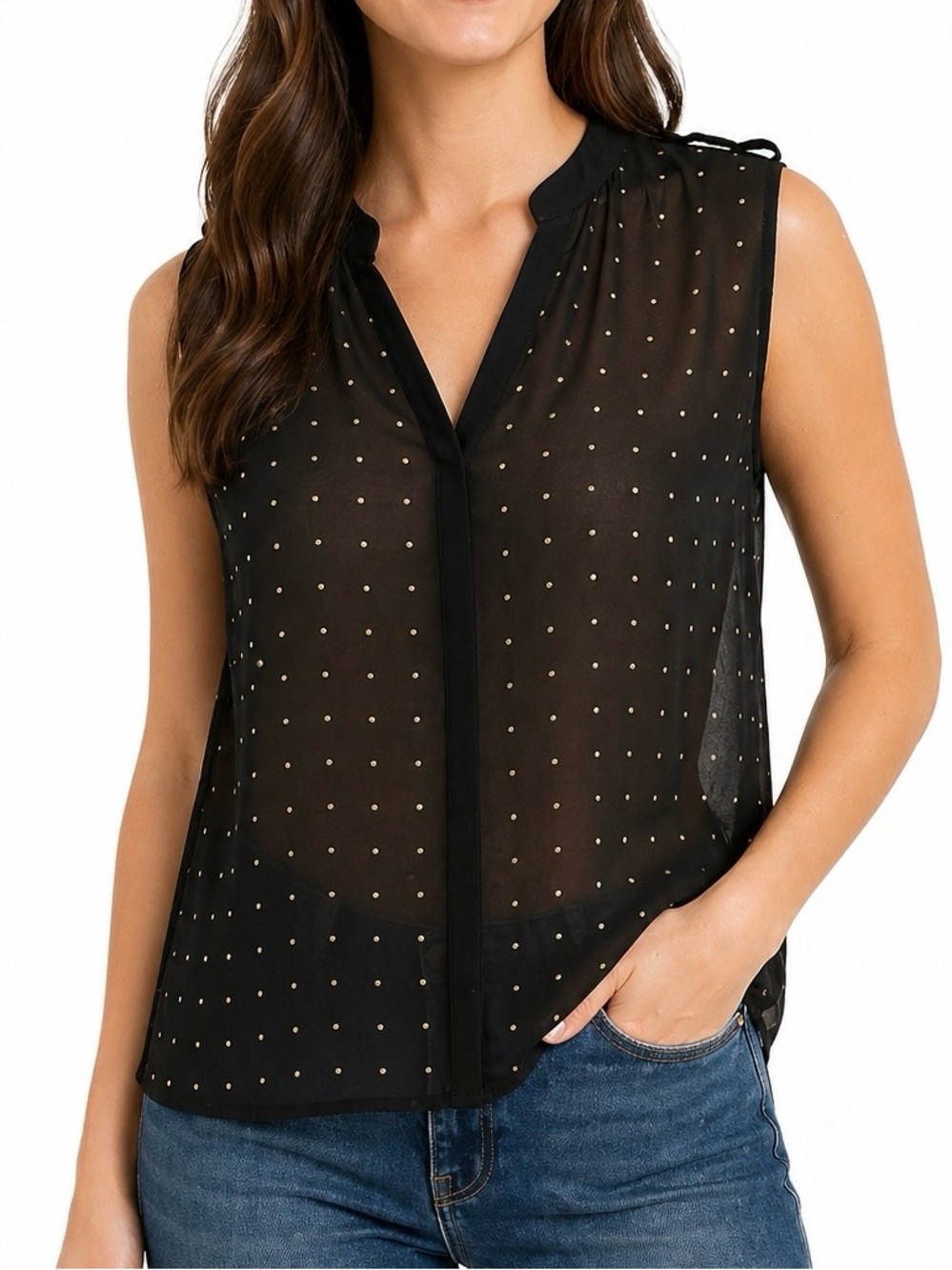 GUC Design History Gold Embellished Black Sleeveless Sheer Blouse. Size M.